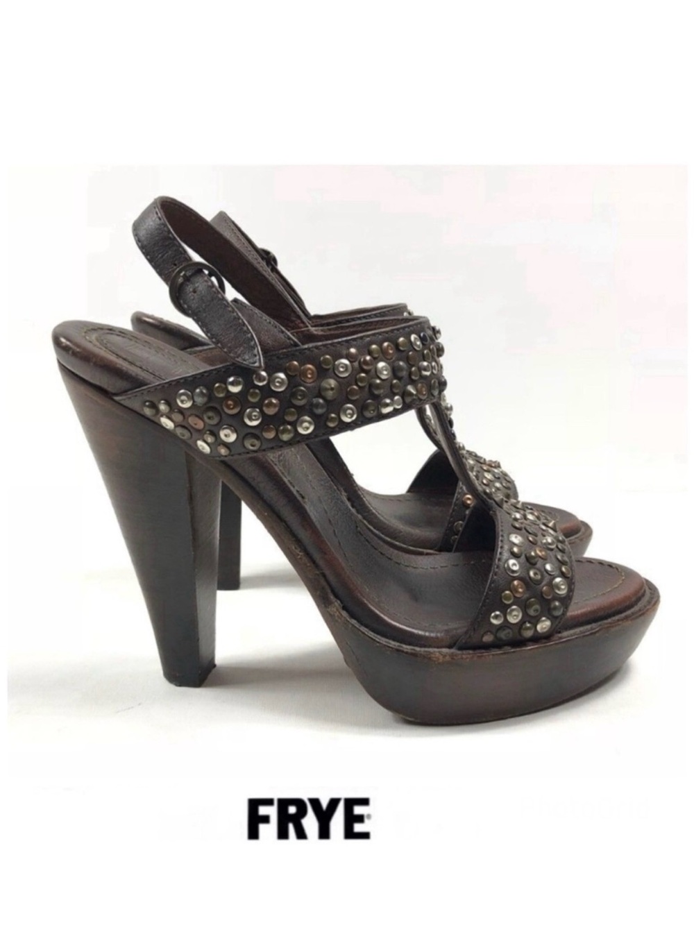 FRYE Brown Leather Multicolor Studded Buckle Strap Platform Sandal Heels Sz 9 B